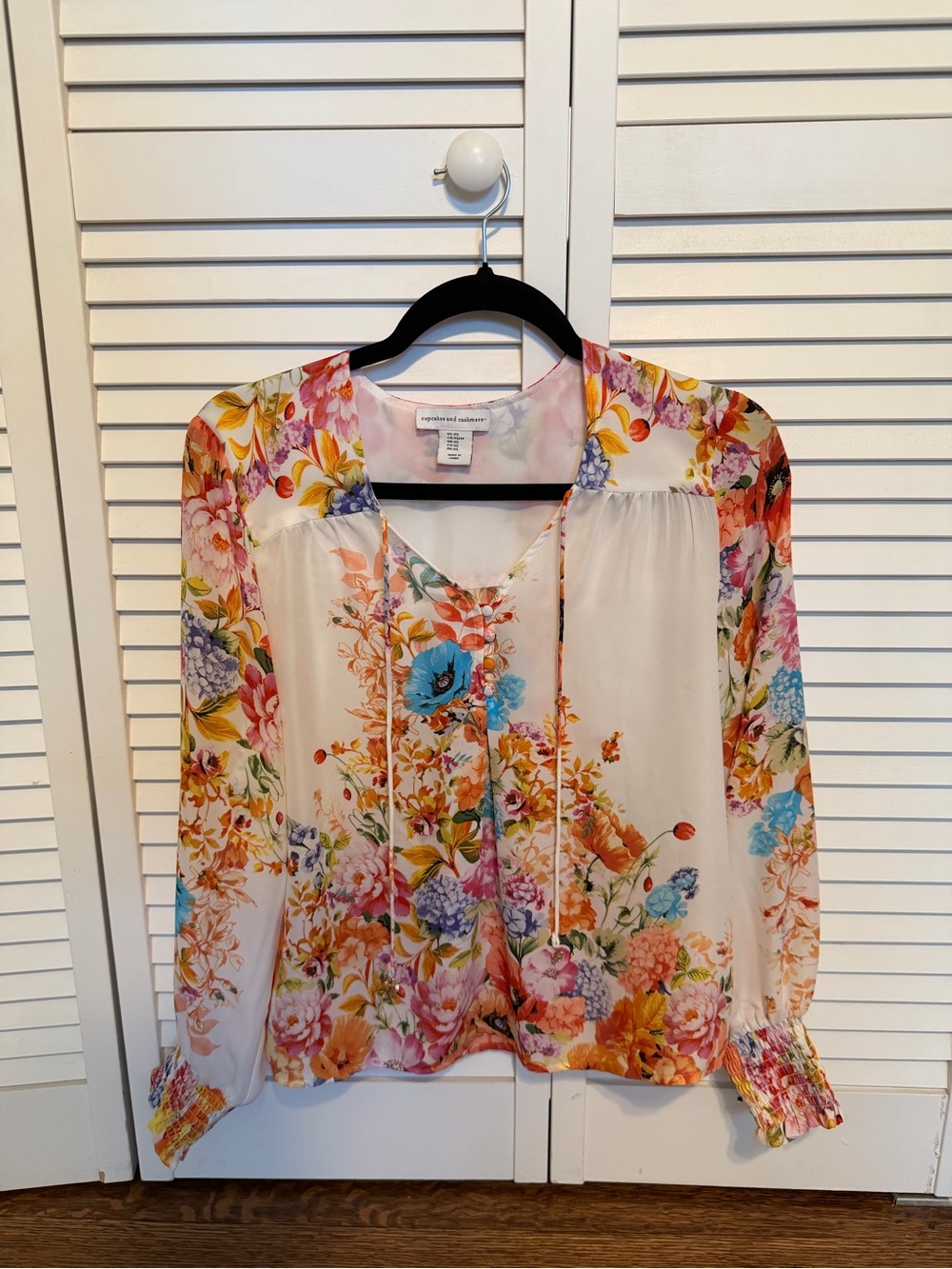 cupcakes & cashmere Floral Tie-Neck Blouse in Ivory with Multicolor Print